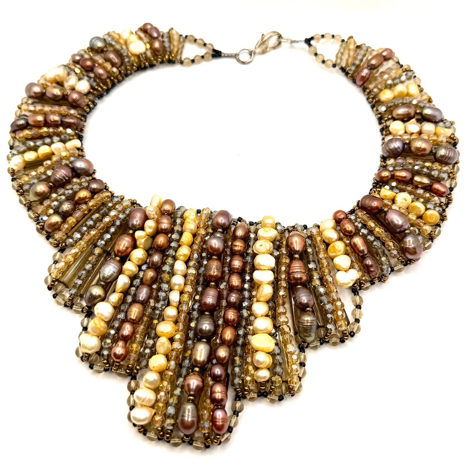 Vintage 90s Multi-Strand Genuine Pearl Glass Bib Statement Necklace